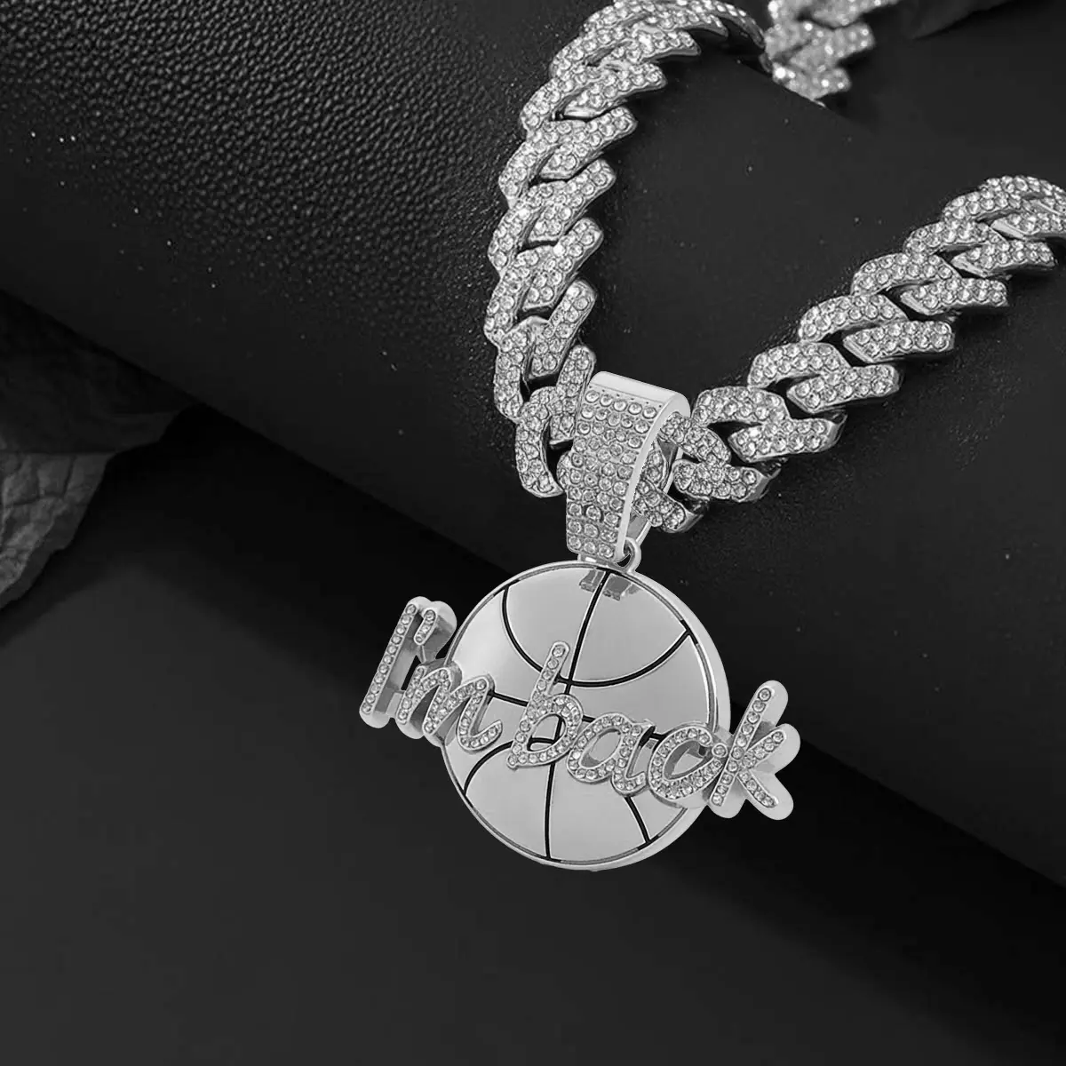 White Gold Tone I'm Back Basketball Legend Pendant Iced Out Heavy Miami Cuban Link Chain Luxury Bling Lab Diamond Hoop Dreams Necklace Men's Urban Streetwear Sports Jewelry | Hip Hop Court Culture Accessories Platinum Finish Athlete Statement Piece