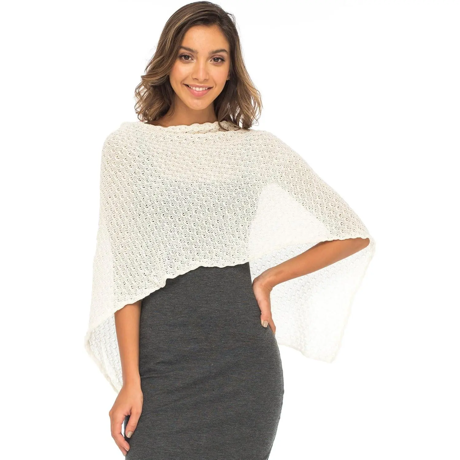 Women's 100% Cotton Poncho Top, Sheer Knit Female Lightweight Cardigan Shrug, Generous Fit Cover-Up, Hand Wash, Knitted Mesh Breathable, Beach Outfits, Casual, Generous Cut, Cover-Up Shawl, Hand Wash Only, Sheer Look, One Size