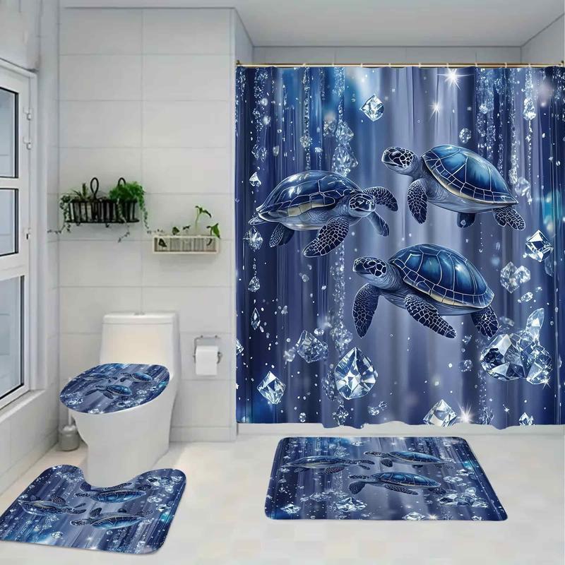 1/4pcs Sparkling Diamond And Turtle Pattern Shower Curtain Set with 12 Hooks Includes Non-Slip Bathroom Mat Toilet U-Shaped Pad Toilet Seat Cover Bathroom Decor And Bathtub Divider Perfect for Housewarming & Christmas Gifts