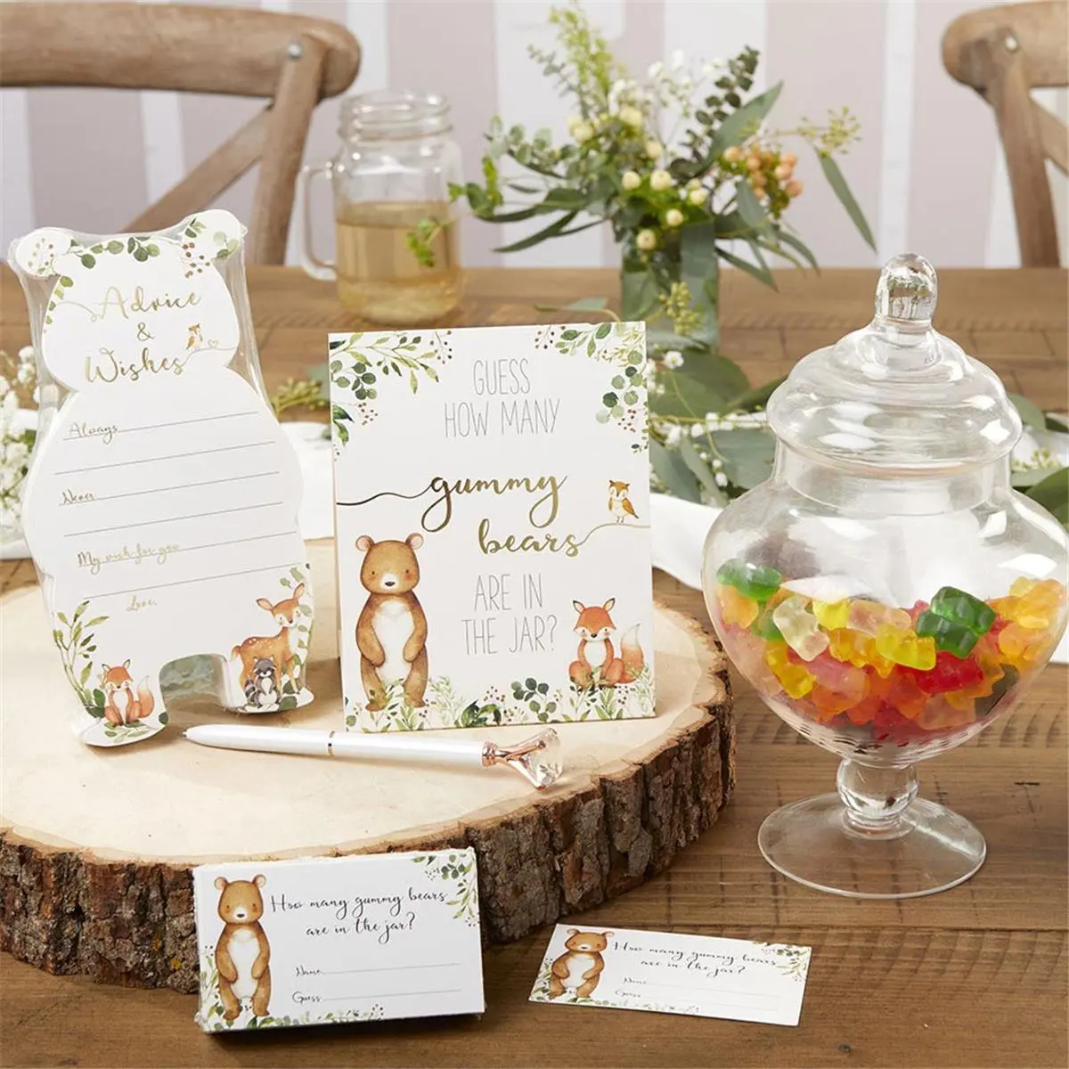 Kate Aspen Tent-Shaped Printed Paper Greeting Cards - 50-Pack Woodland Animal Theme Baby Shower Tent Shaped Game Cards with Greenery, Gold Foil Accents, 5.7x4.5x0.04in Lightweight Office Stationery for Advice Game, Animal Themes