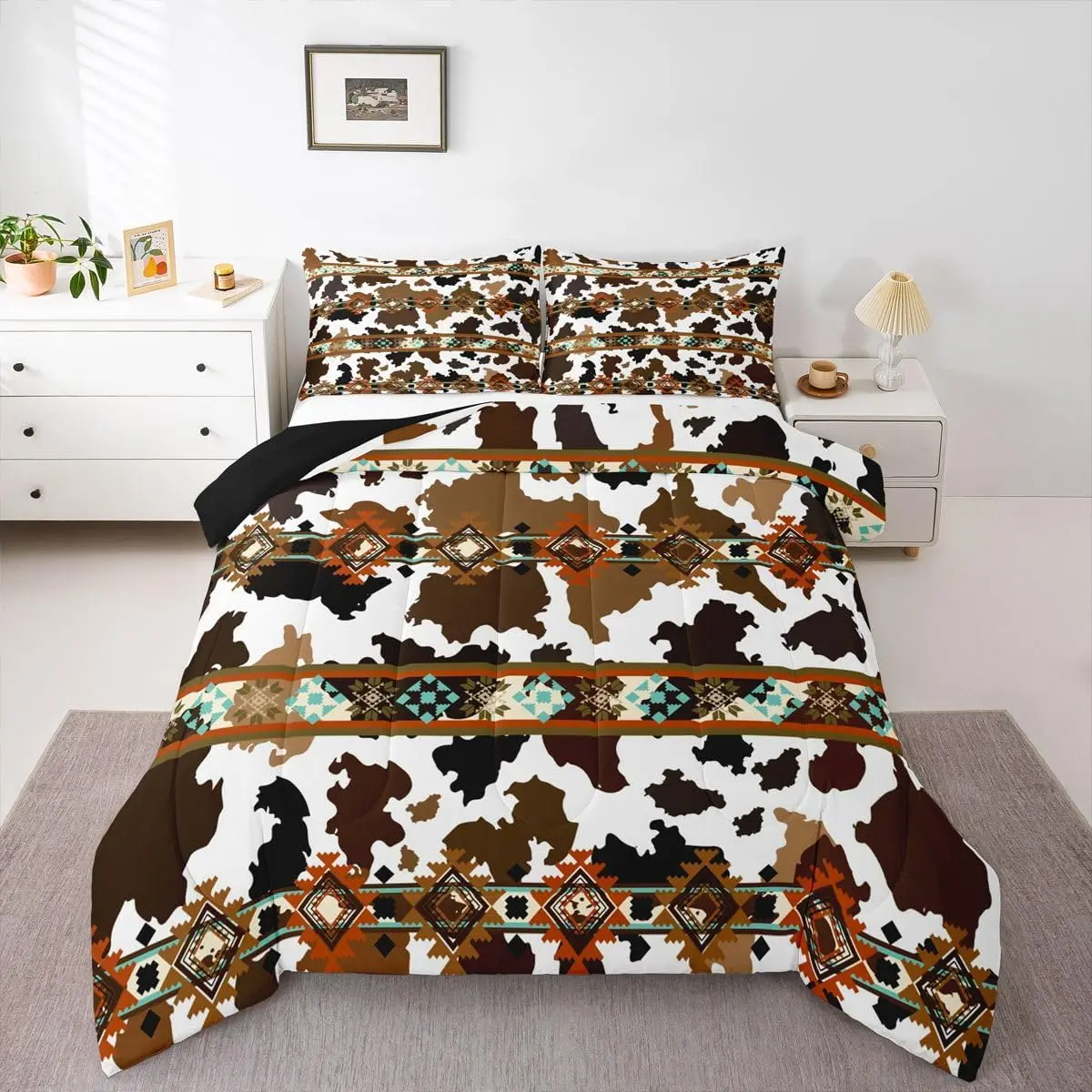 Feelyou Lightweight Microfiber Duvet Set - Breathable King Bed Comforter Set with Cow Print Insert, Bold Aztec Cow Look, Rustic Charm, Western Decor, Multi-Size, Travel-Friendly