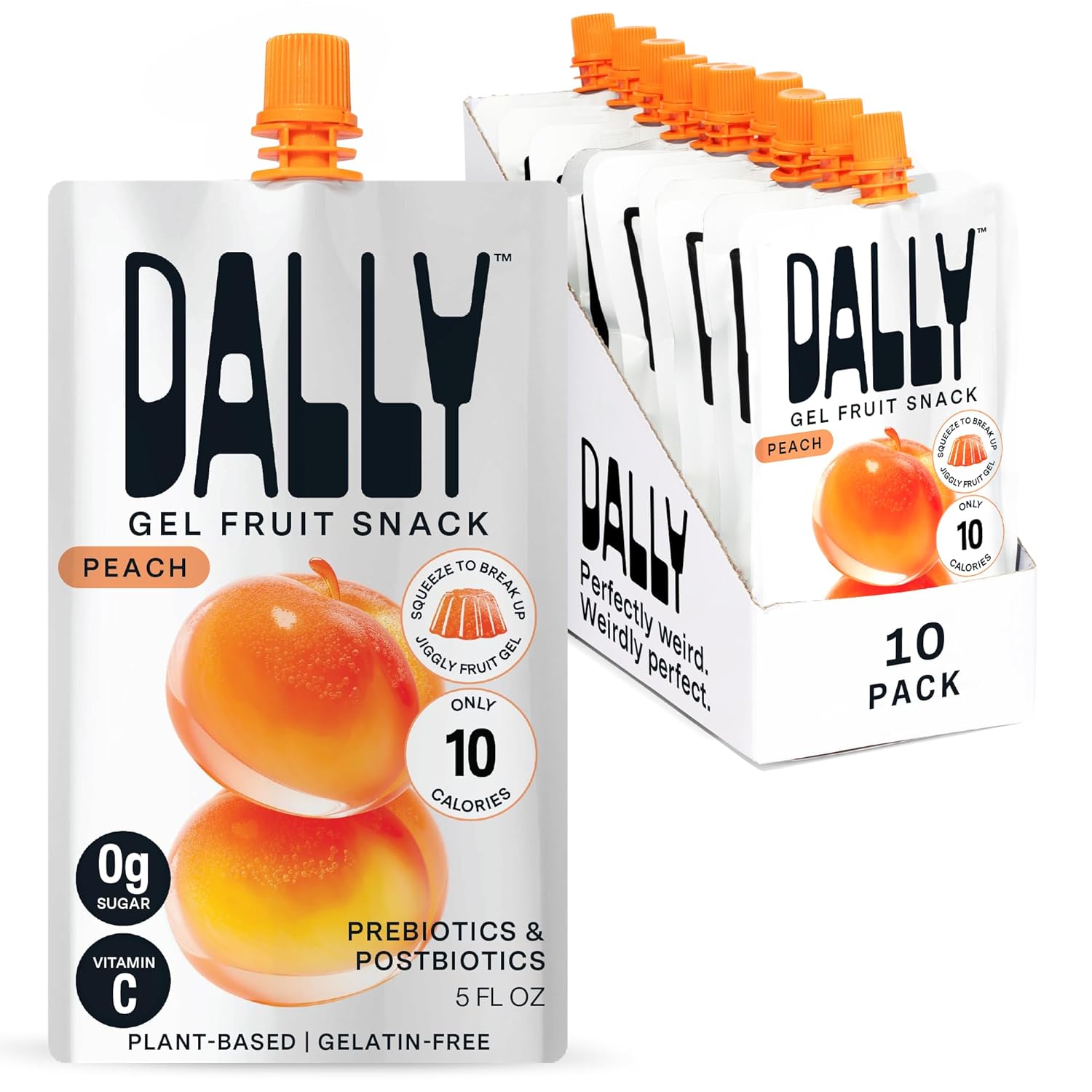 DALLY Peach Konjac Jelly (10 Pack) - Plant Based, Low-Calorie Jellified Fruit Snack - Zero Sugar with Vitamin C & Prebiotic Postbiotic Blend Sweet
