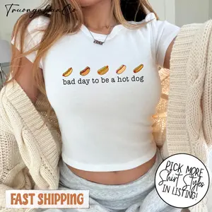 [ Sale Up To 40%] Bad Day To Be A Hot Dog Baby Tee | Funny Food Crop Baby Tee  | Cute Women Graphic Y2K Baby Tee
