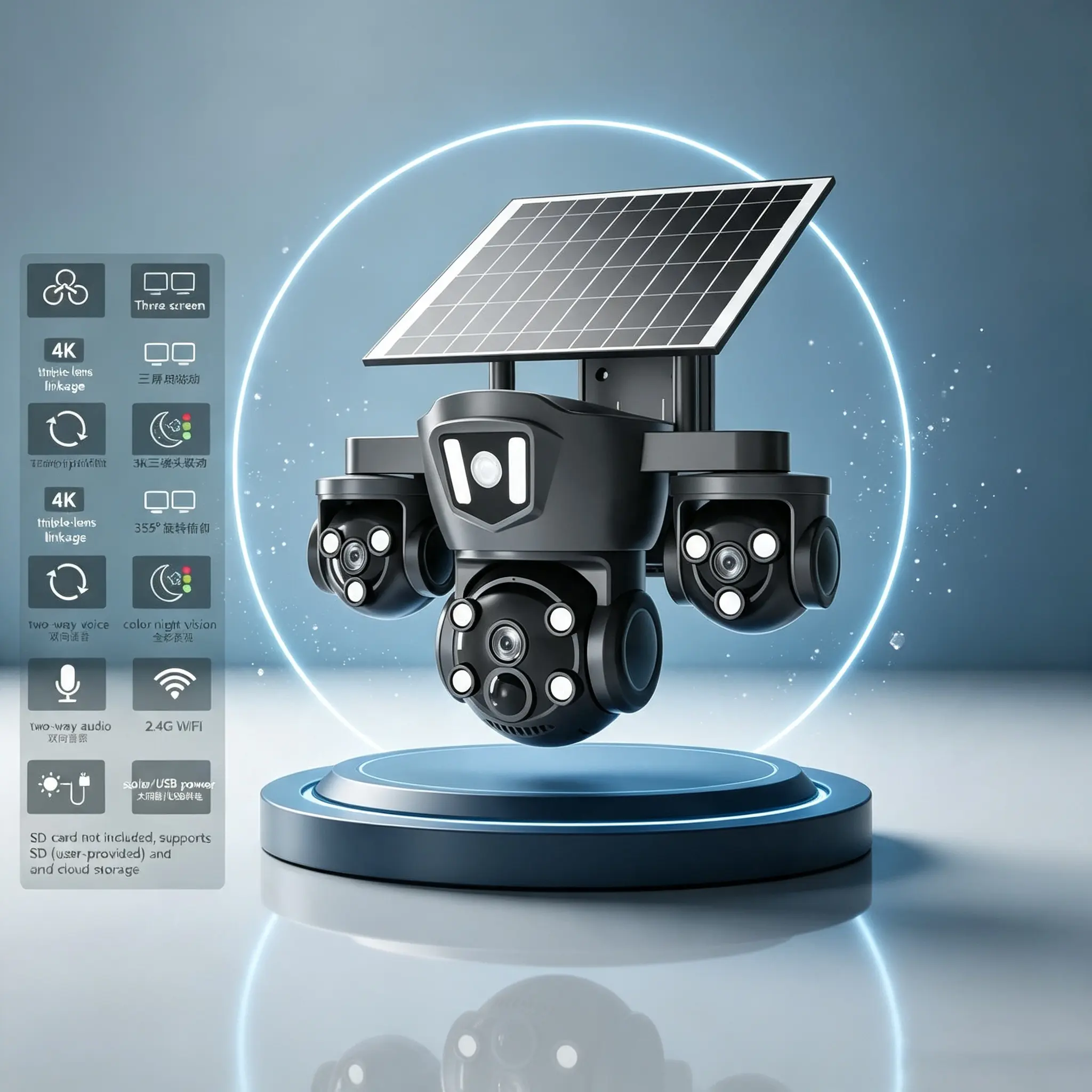 Solar-Powered 4K Outdoor Security Camera, Triple-Lens, 3-Screen Linkage, 355° Pan, Full-Color Night Vision, WiFi, Waterproof, 2-Way Audio, Card Charging, No Plug Needed, Home Remote Monitoring Camera