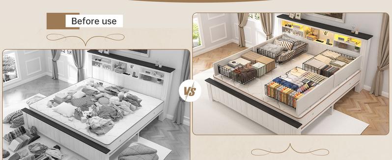 Raybee Full Queen King Bed Frame with 4 Storage Drawers,  LED and Charging Station,  Farmhouse Bed Frame with Headboard and Metal Slats, Holds 900LBS, Noise-Free