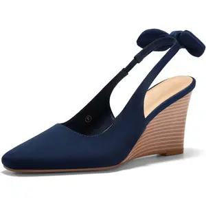 Coutgo Womens Wedge Sandals Slingback Bow Heels Closed Square Toe Summer Dress Shoes