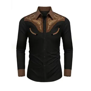 Men'S Stylish Embroidered Western-Style Flannel Shirt - Brown & Black With Intricate Leaf Pattern, Long Sleeve, Casual Wear, Casual Wear|Western Style Shirt|Durable Fabric