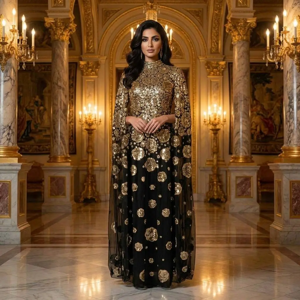 Luxury Black & Gold Sequin Beaded Abaya | Floral Mesh Cape Maxi Dress for Eid & Weddings
