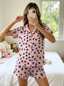 Women's Cartoon Print Pajama Set, Soft Comfortable Wear-Outside Sleepwear, Short Sleeve Button-Up Top and Elastic Shorts, Casual Home