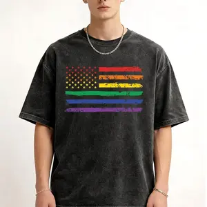 LGBTQ Pride Month American Flag T-Shirt, Gay Pride Shirt, Lesbian Gay Shirt, Rainbow Color Shirt, LGBT Shirt, Pride Shirt Tshirt Round Neck