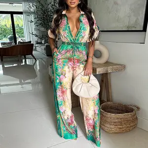 ChicMe Women's Vintage Floral Print Turn-down Collar Roll Up Sleeve Button Front Overalls Casual Drawstring Stretchy Waist Wide Leg Vacation Jumpsuit/fashion new arrival