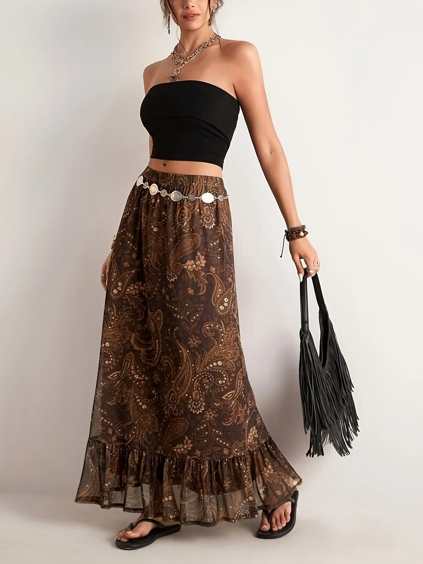 Boho High Waist Flowy Midi Maxi Skirt, Dual Layer Vintage Paisley Pattern, Elastic Waist A-Line Dress, Elegant Summer Beachwear, No Belt Included, Womenswear, Bohemian, Fit, Paisley Print Skirt, Vintage Skirts