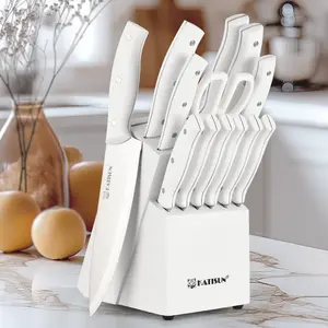 15 Pieces Carbon Steel Kitchen Knife Block Set, White Color, Built-in Knife Sharpener, Ergonomic Triple Rivet Fixed Handle, Dishwasher Safe, Christmas gift,TikTokShopBlackFriday