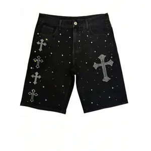 （ Five-star review）Men's Cross Rhinestone Pocket Casual Versatile Denim Shorts Jorts