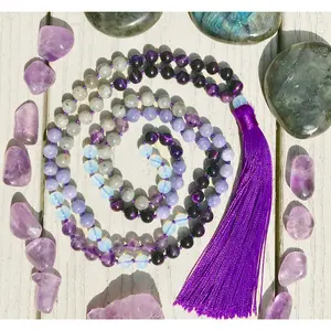 Angelite, Labradorite, Purple Tiger Eye, Amethyst, Opalite 8mm mala with Purple Tassel