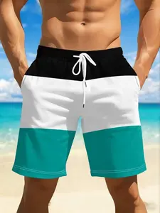 Men's 3D Print Striped Geometric Summer Beach Shorts, Cool Casual Swim Trunks, Adjustable Drawstring Waist, Swimming Trunks, Swimwear Shorts