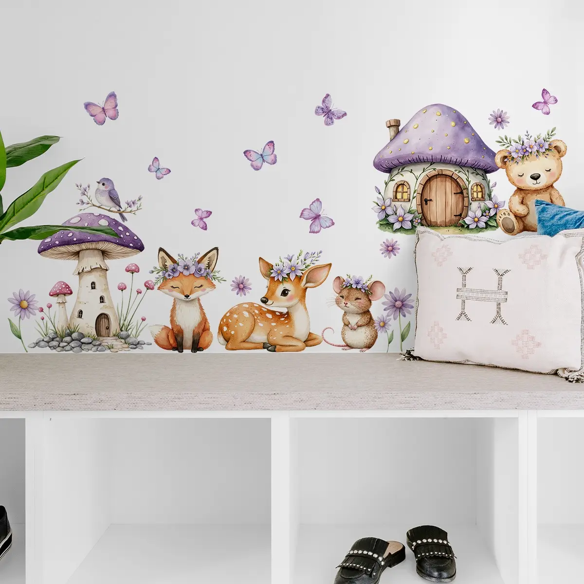 A set of two mushroom house, deer, bear, fox, and mouse wall stickers for bedroom, living room, and corridor home decoration - M18695