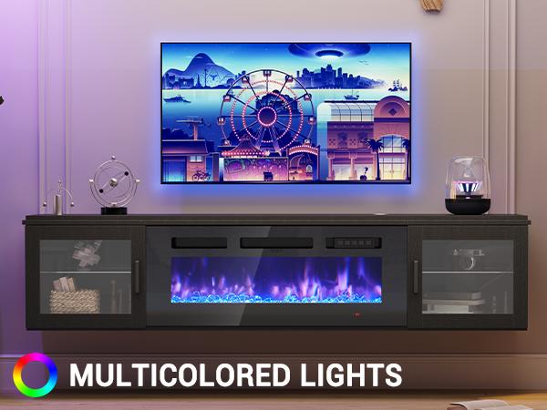 【2 Packages Shipping】oneinmil 70" Floating TV Stand with 36" Electric Fireplace, High Gloss Finish Wall Mounted Fireplace Entertainment Center with Storage for TVs Up to 80", Black TV Stand and Black Fireplace ,WiFi APP Smart Control