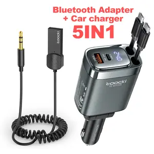 Toocki AUX Bluetooth Receiver with Bluetooth 5.4 HiFi Sound Quality, Auto-Connect, Dual Retractable Cable Car Charger, Smart Digital Display, 180-Degree Rotation, PD, QC Support, Type-C, USB-A Multi-Port Fast Charging, 75cm Retractable Cable