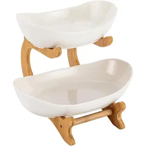 2 Tier Ceramic Fruit Bowl for Kitchen Counter, Fruit Basket with Stand, Vegetable Storage Bowl, Snack Dessert Cake Tray Plate Rack Organiser White