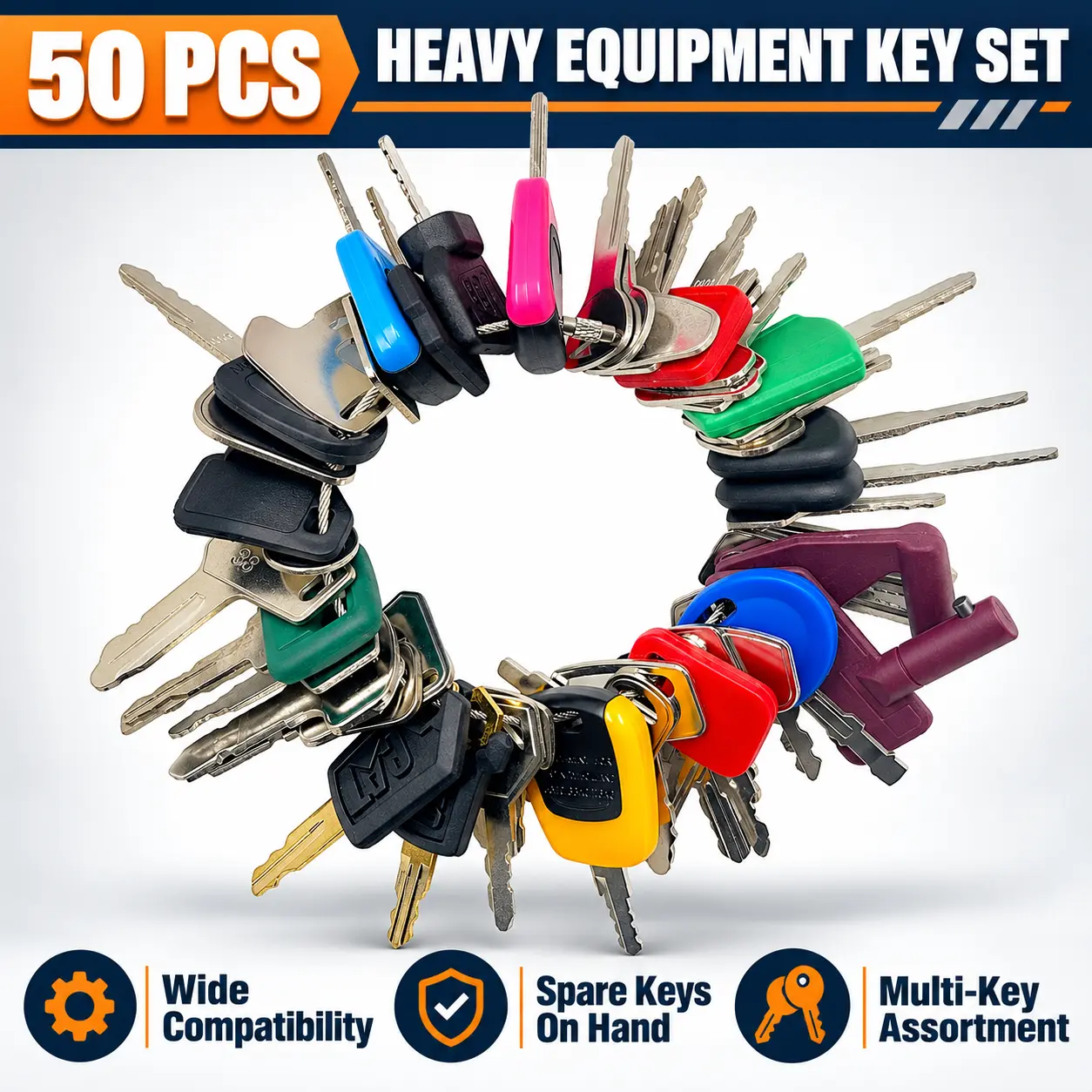 50 Heavy Equipment Keys Master Set, Construction Ignition Key Set 50-Piece Heavy Equipment Key Set, Replacement Ignition Keys for CAT 5P8500, JCB 14607, Bobcat D250, Komatsu 787, Hyster 166, Volvo 777 & More