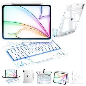 NAIDUN Latest 360 Swivel Keyboard with Transparent Case for iPad Tablet Backlit Keys Scissor Mechanism 1 mm Travel USB Silicone