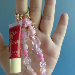 Lipgloss Keychain - Pink Beaded Design with Lip Gloss Bottle Charm