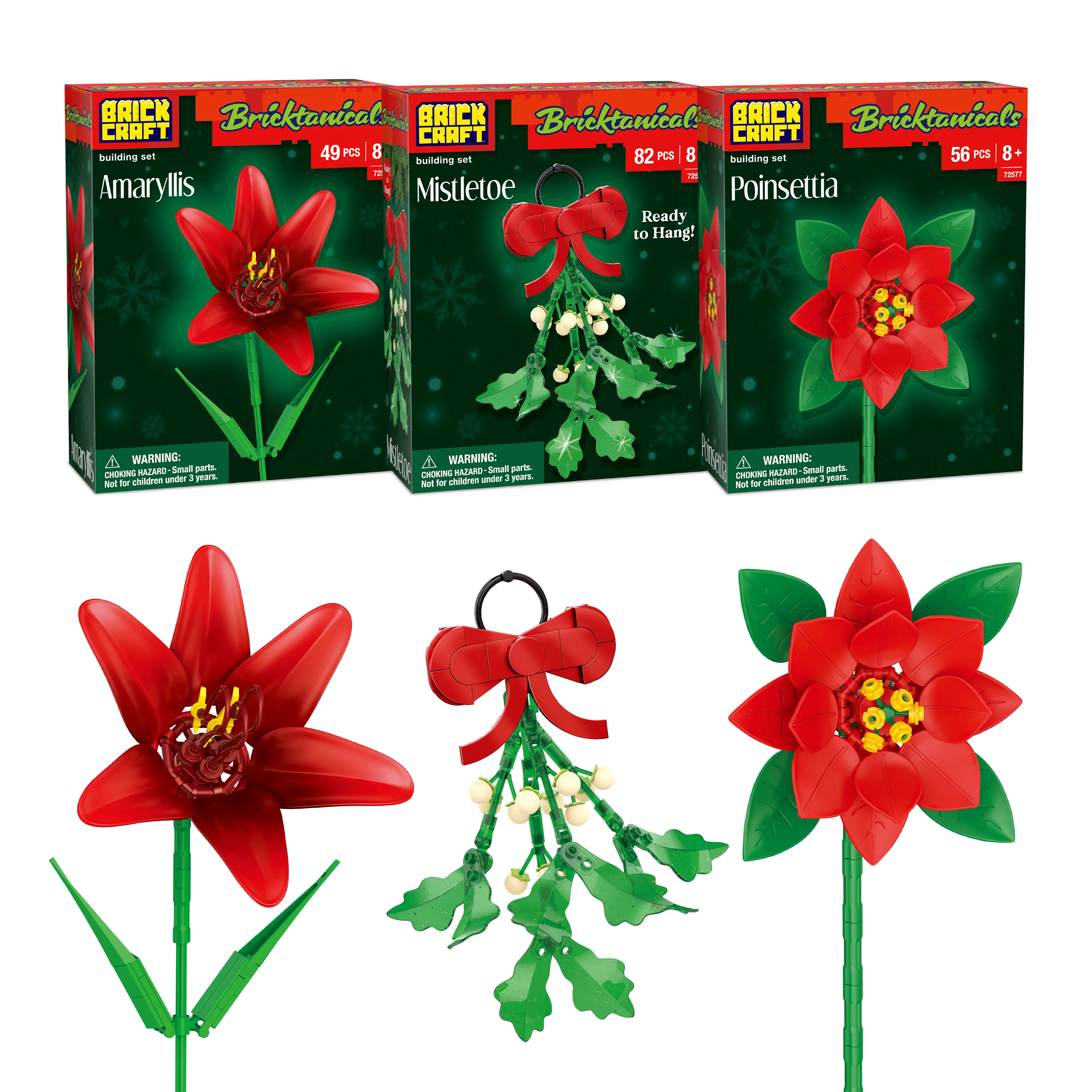 Brickcraft Bricktanicals Holiday Flower Bundle Building Set, 187-Piece Poinsettia, Amaryllis & Mistletoe Kit, Christmas Decor, Ages 8+