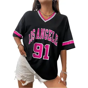 Women's Oversized Jersey Shirts V Neck Graphic Tees Summer Baggy Blokecore T-Shirt Tops