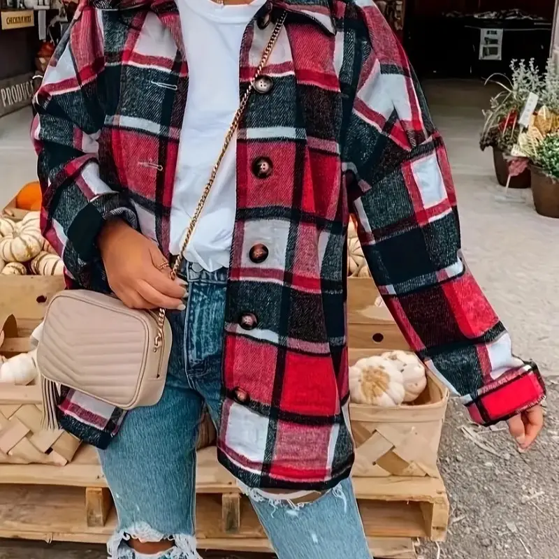 Women’s Plaid Wool Flannel Shacket  Long Sleeve Button Down Oversized Shirt Blouse Collared Comfort Casual Basic Tops