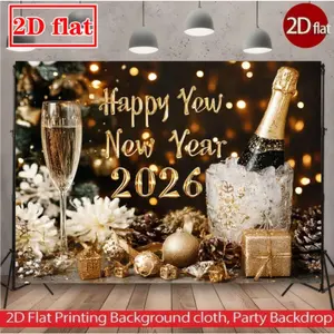 1 Piece 2D Flat 2026 Happy New Year Banner with Elegant Champagne and Gold Balloon Design Photography Backdrop, Large Fabric Banner, Indoor/Outdoor Wall Decoration Suitable for Christmas, New Year Party Decorations, New Year Celebration Backdrop