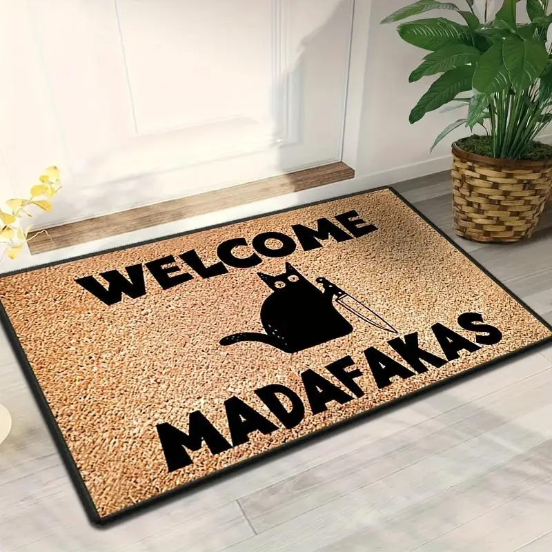 Welcome Letter & Cat Pattern Door Mat, 1 Count Non-slip Indoor Outdoor Entrance Door Mat, Absorbent Bath Mat for Home Living Room Bedroom Bathroom Kit