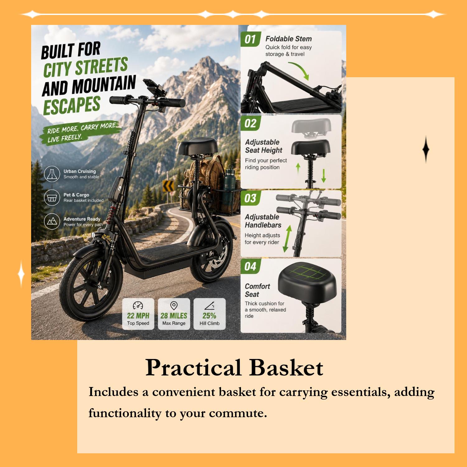 Adult Foldable Folding Escooter with Adjustable Height Seat, Basket, 750W Motor, 20 MPH Max Speed, 28 Mi Range, 14-Inch Pneumatic Tires, Dual Suspension, Enhanced Safety, 265 lbs Capacity Multifunctional Commuter Electric Scooter