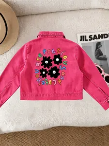 Girls' Casual Fashion Denim Jacket, Floral Colorful Letter Print, Comfortable Fit, Suitable for School and Dates, Ages 12 and Under