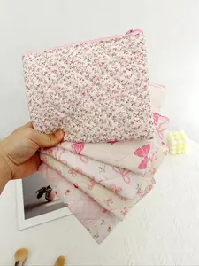 Cute Floral & Bow Pattern Makeup Bag, Quilted Cosmetic Pouch, Handheld Cosmetic Pouch, Zipper Makeup Bag, Travel Toiletry Bag, Cosmetic Storage Bag, Makeup Organizer Pouch for Women & Girls