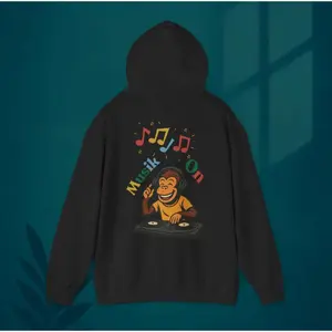 Women's music and streetwear culture featuring a monkey DJ Graphic Hoodie - Long Sleeve Pullover Regular Fit | Soft & Breathable Fabric, Durable Print, Everyday Comfort, Machine Washable, cartoon graphic design with vibrant colors and playful elements a