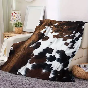 1 Piece Brown and White Cowhide Pattern Flannel Blanket - All-Season Soft Lightweight Sofa Throw, Bedspread or Nap Blanket - Modern Digital Print Home Decor Gift, Sofa Cover|Decorative Parabola|Plush Flannel Fabric