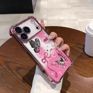Butterflies Pink Cool Girl Hearts Bows Stars pink phone case iPhone 17 16 15 1413 Plus /Pro Max electroplated Airbag Anti-Collision Case Durable and anti-fall Stylish Unique Daily Use Case