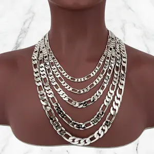 MaxBling81 925 Stamped Brass-Coated Figaro Layered Chain Necklace, 4mm-12mm Multi-Size High-Quality Unisex Hip Hop Jewelry for Daily Wear, Layered Chain Necklaces