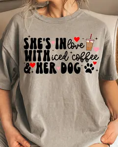 She's In Love with Iced Coffee & Her Dog T-Shirt - Unisex Relaxed Fit Short Sleeve Crew Neck Casual Cotton Top for Women