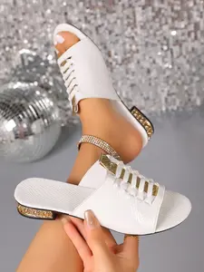 Women's Summer Low Heel Open Toe Slippers, Comfortable Casual PU Leather Slide On Sandals, Non-Slip One-Step Design, Perfect for Beach and Vacation, Footwear Style