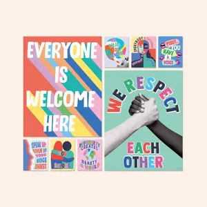 SWEETZER & ORANGE Set of 8 Diversity Posters for Classroom - High School Classroom Decor - Everyone is Welcome Here Sign - Artistic Wall Decor