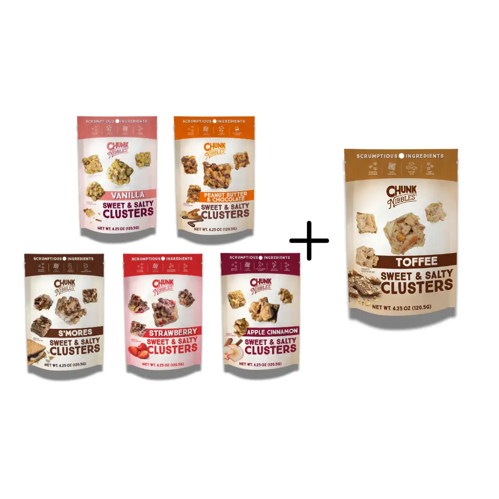 Chunk Nibbles Snack Clusters Sampler Pack | 6 Pack | 4.25oz Bags | 6 Flavors- Toffee, Vanilla, Peanut Butter Chocolate, S'mores, Strawberry, Apple Cin