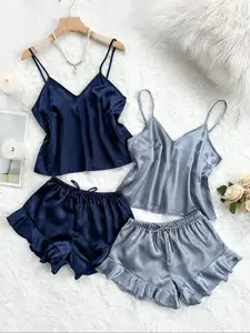 Women's Solid V Neck Cami Top & Elastic Waist Bow Decor Shorts Satin Pyjama Set, Elegant Adjustable Spaghetti Strap Camisole & Ruffle Hem Shorts PJ Set, Ladies Sleepwear for All Seasons, Camisole Sets