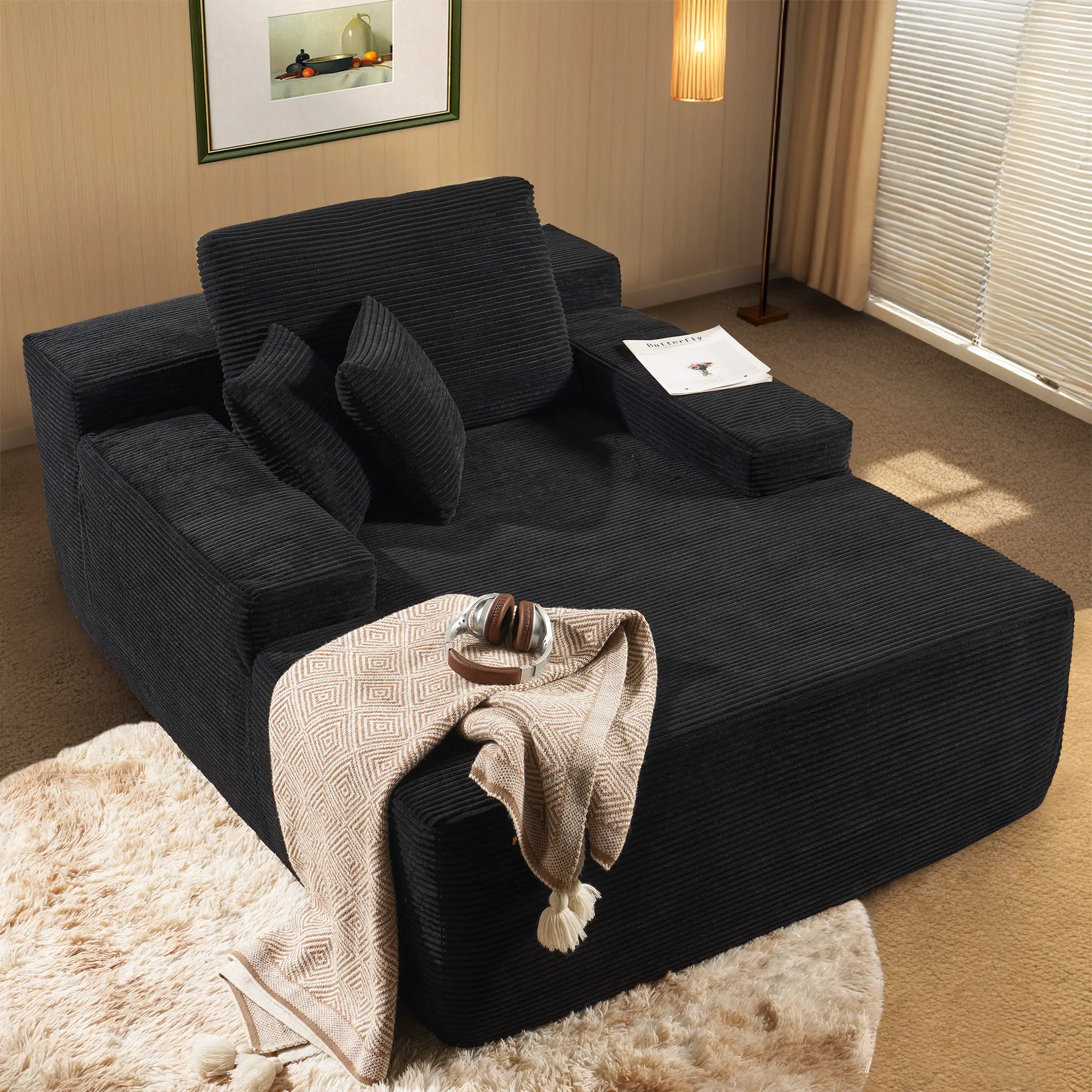 ALLWEX 48" Deep Seat Corduroy Sofa, Modern Lounge Couch with Extra Wide Chaise, Plush Upholstered Loveseat with Removable Pillows, Cozy Low Profile Sofa for Living Room, Apartment & Bedroom
