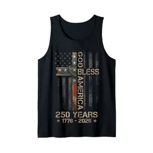 Made in USA, (Men fit Women loose) God Bless America Christian Cross Flag 250 Years 1776-2026 Tank top, 4th Of July Shirt, Funny Fourth Of July Tee, Independence Day Graphic Unisex Tank Top Classic Cotton Fabric