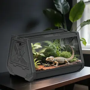 ABS & PC Reptile Terrarium Tank for Gecko Snake Frog High Transparency Desktop Breeding Cage with Double Doors Feeding Port & Lamp Compatibility Secure Locking Hatches for Home Office 19x19x27cm