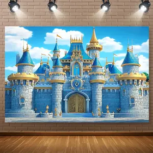 1pc 2D Flat Blue Castle and Golden Banner Backdrop, Polyester Fabric Wall Decor for Birthday Party, Photo Booths & Events, Holiday Room Decoration, Multiple (in, in, in), Birthday Party Decorations