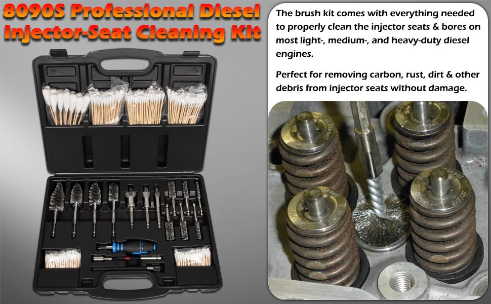 Professional Diesel Injector-Seat Cleaning Kit 8090S on Cylinder Heads, Including Helix Brushes, Two-Stage Brushes, Bore Brushes and Swabs (Stainless Steel, 17-Pack)
