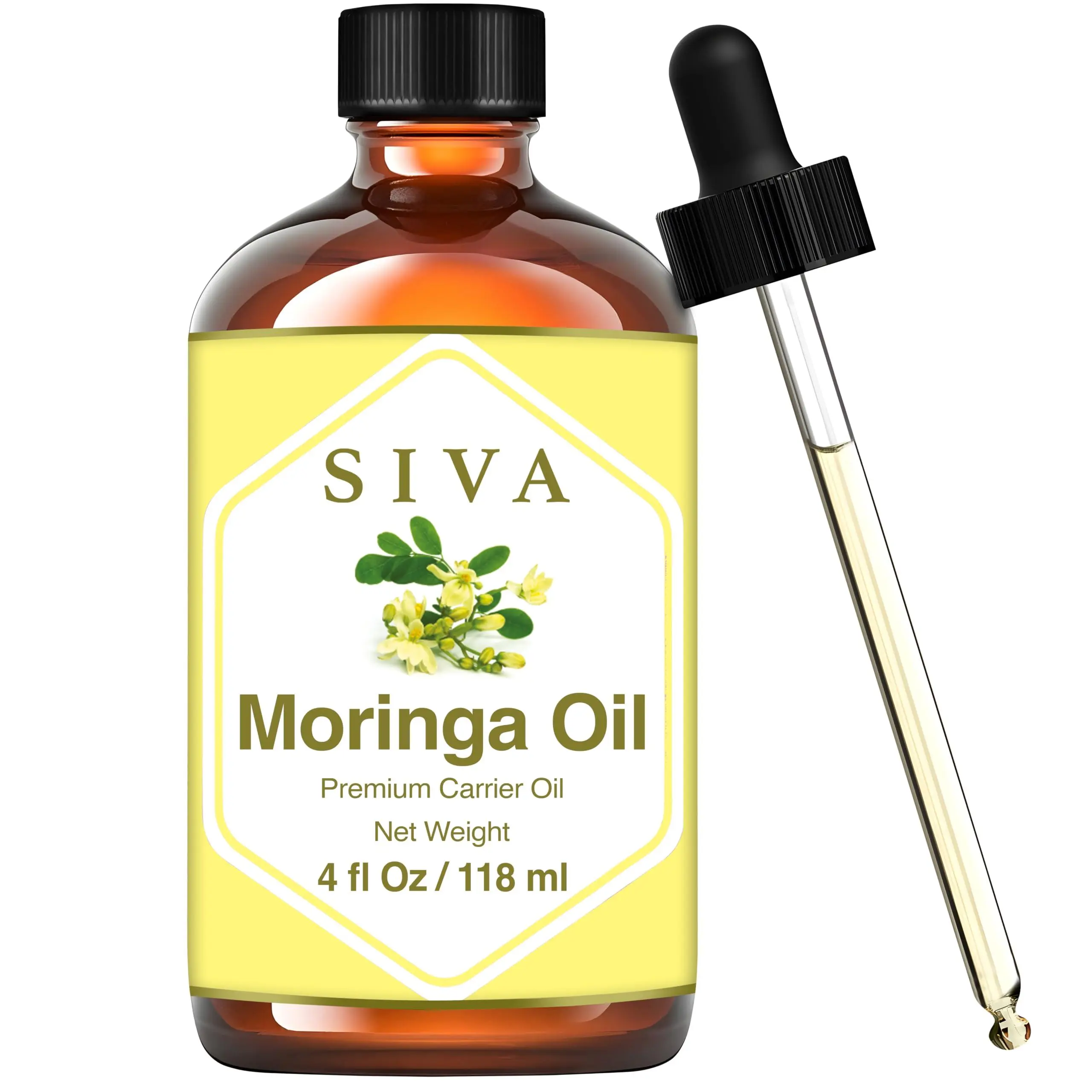 SIVA Premium Moringa Carrier Oil 4oz (118ml) with Dropper, Cosmetic Oil for Body Care, Skin Care, Moisturizing & Scalp Massage, Moisturizer, Hydrating, Moringa Oil